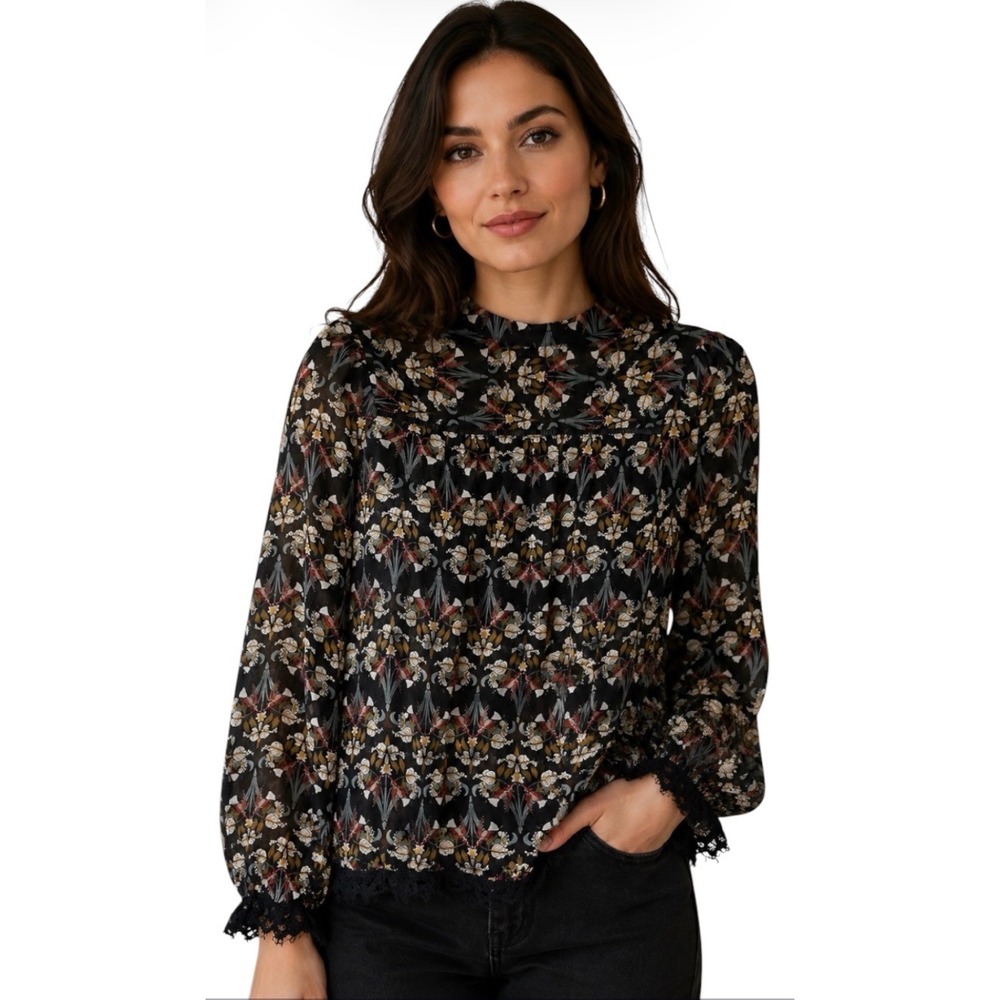 Max Studio Floral Long Sleeve Blouse Size XS Chiffon Botanical Print NEW